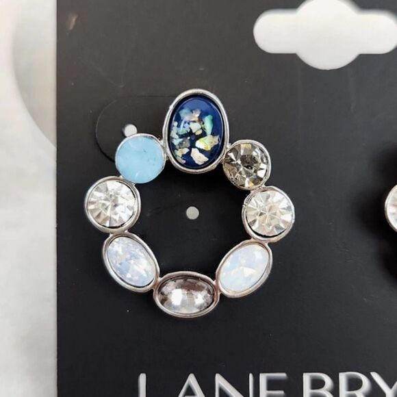 Lane Bryant Silver Tone Blue and Opalescent Oval Circle Post Earrings - Picture 4 of 4